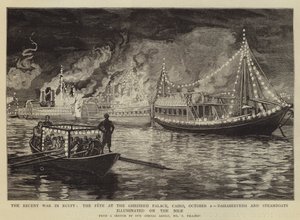 The Recent War in Egypt, the Fete at the Ghezireh Palace, Cairo, 2 October, Dahabeeyehs and Steamboats Illuminated on the Nile by Frederic Villiers